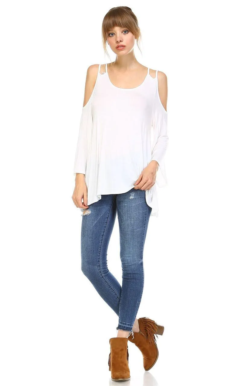 Cold Shoulder Top 3/4 Sleeves 2 String Strap Soft White