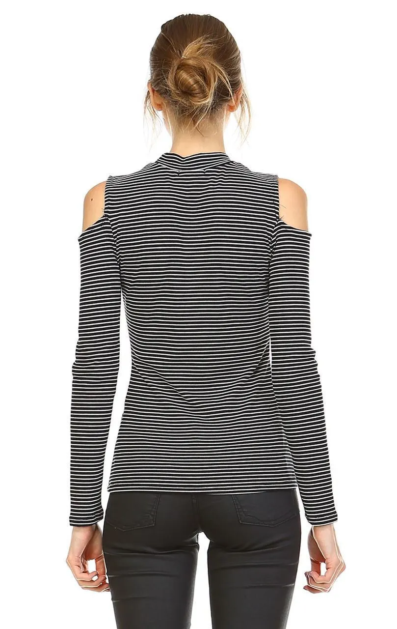 Cold Shoulder Top Long Sleeve Stripe Black White