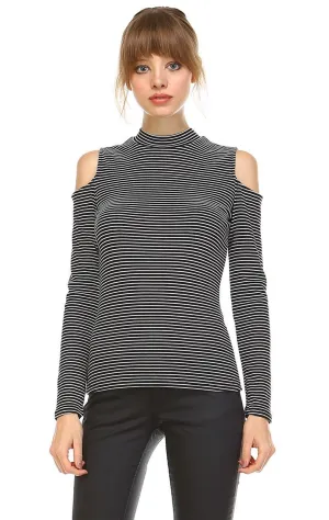 Cold Shoulder Top Long Sleeve Stripe Black White