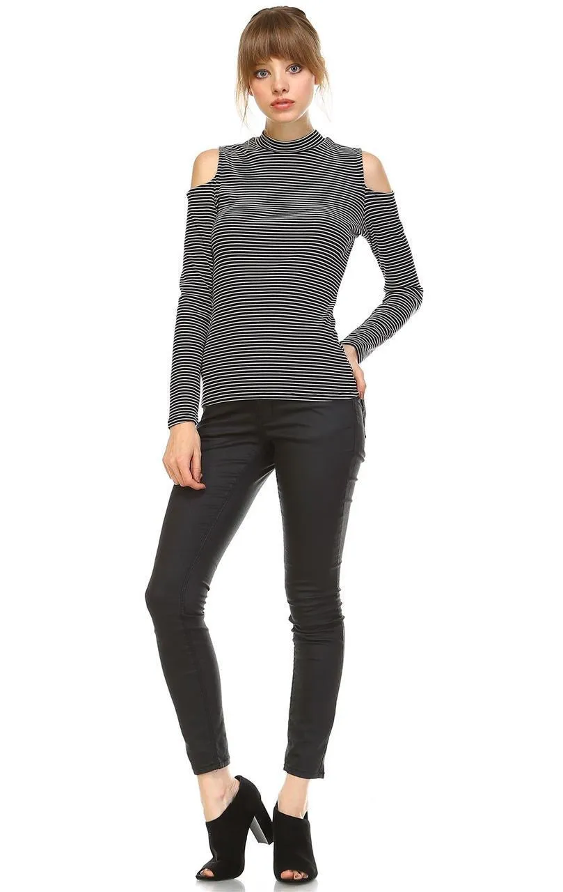 Cold Shoulder Top Long Sleeve Stripe Black White