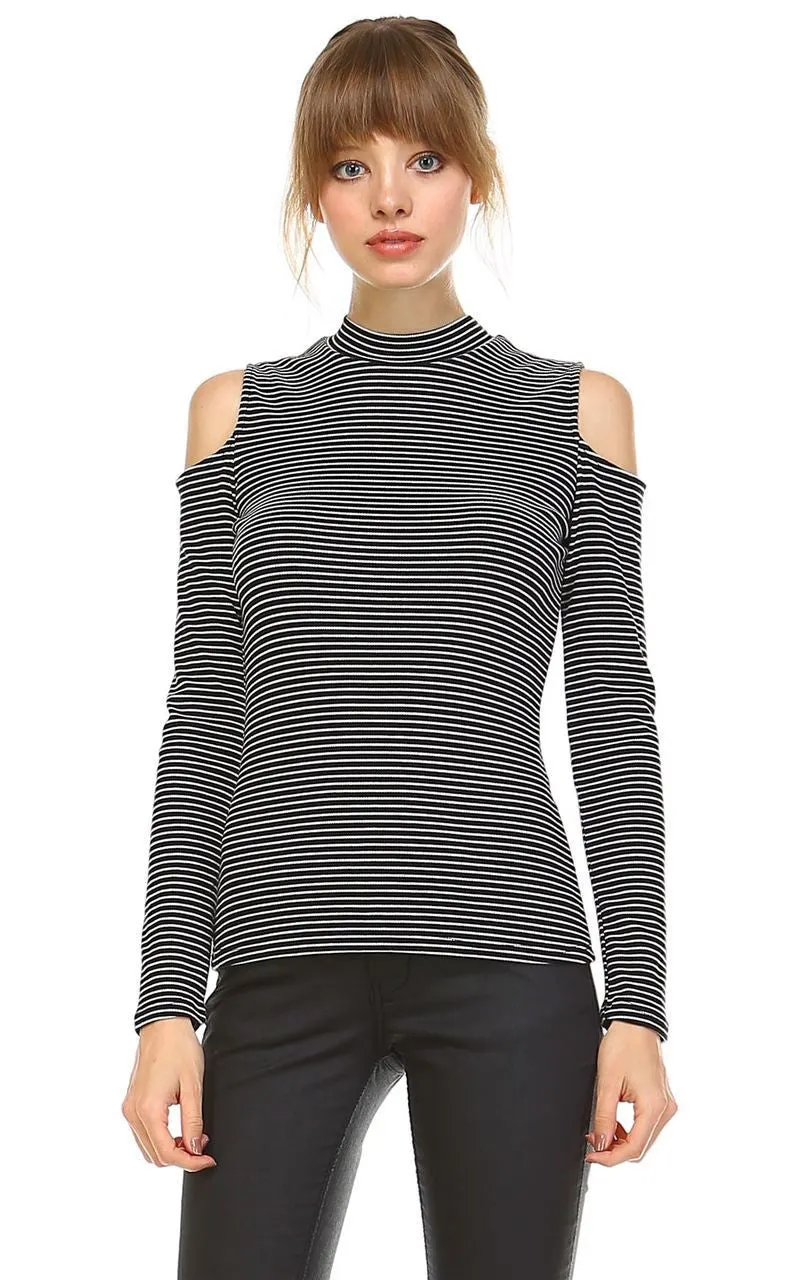 Cold Shoulder Top Long Sleeve Stripe Black White