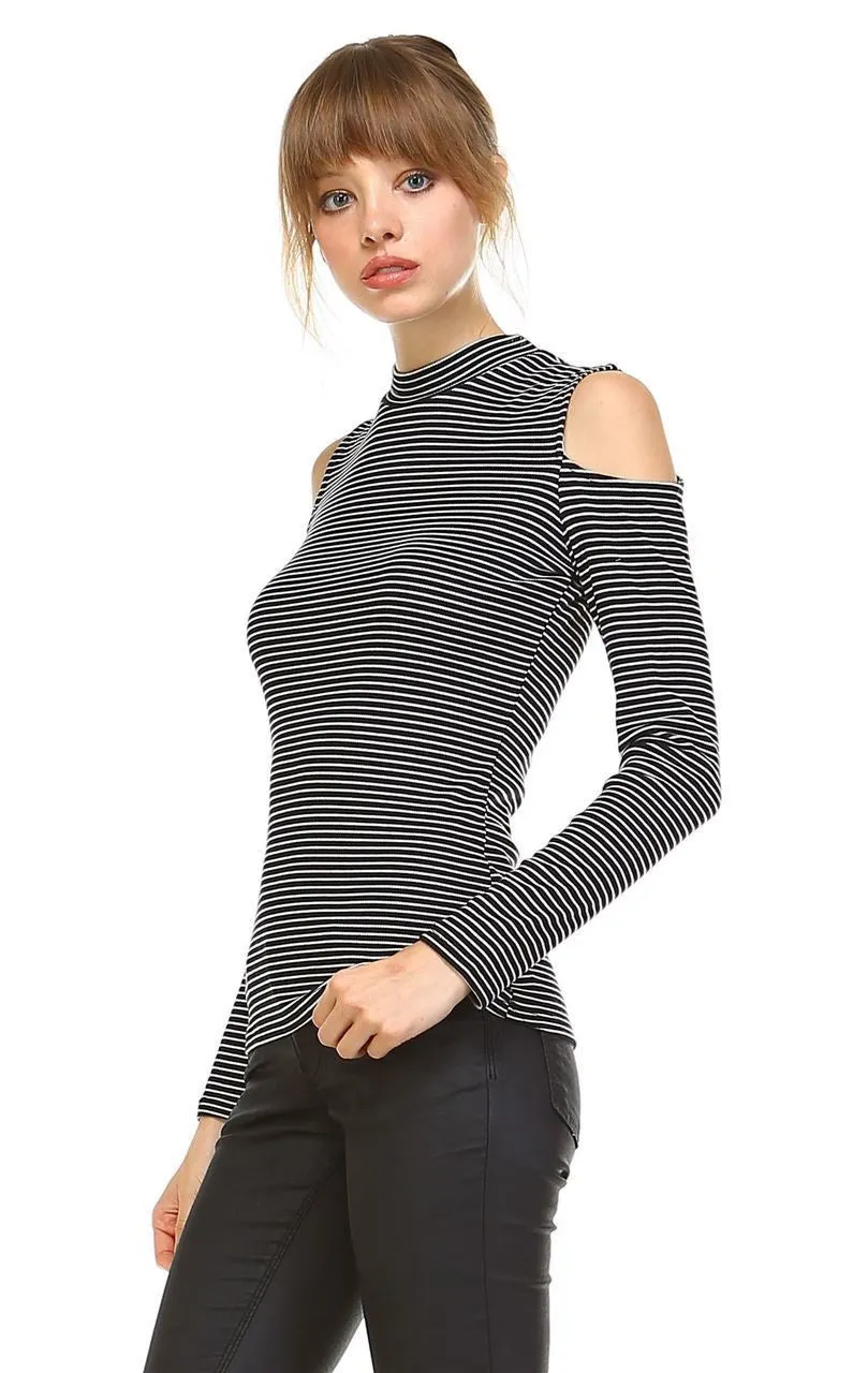 Cold Shoulder Top Long Sleeve Stripe Black White