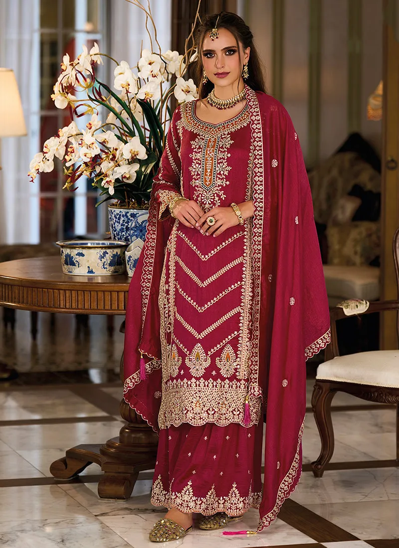 Crimson Red Embroidery Designer Palazzo Suit