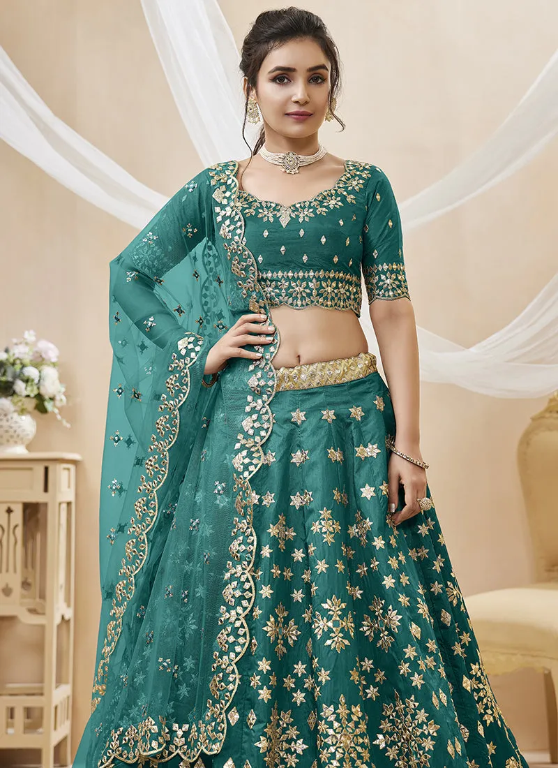 Dark Green Mirror Embroidery Traditional Lehenga Choli