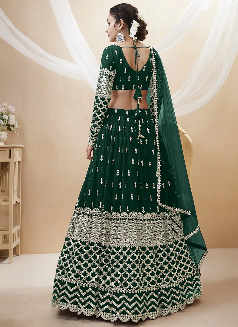 Dark Green Mirror Work Embroidery Wedding Lehenga Choli