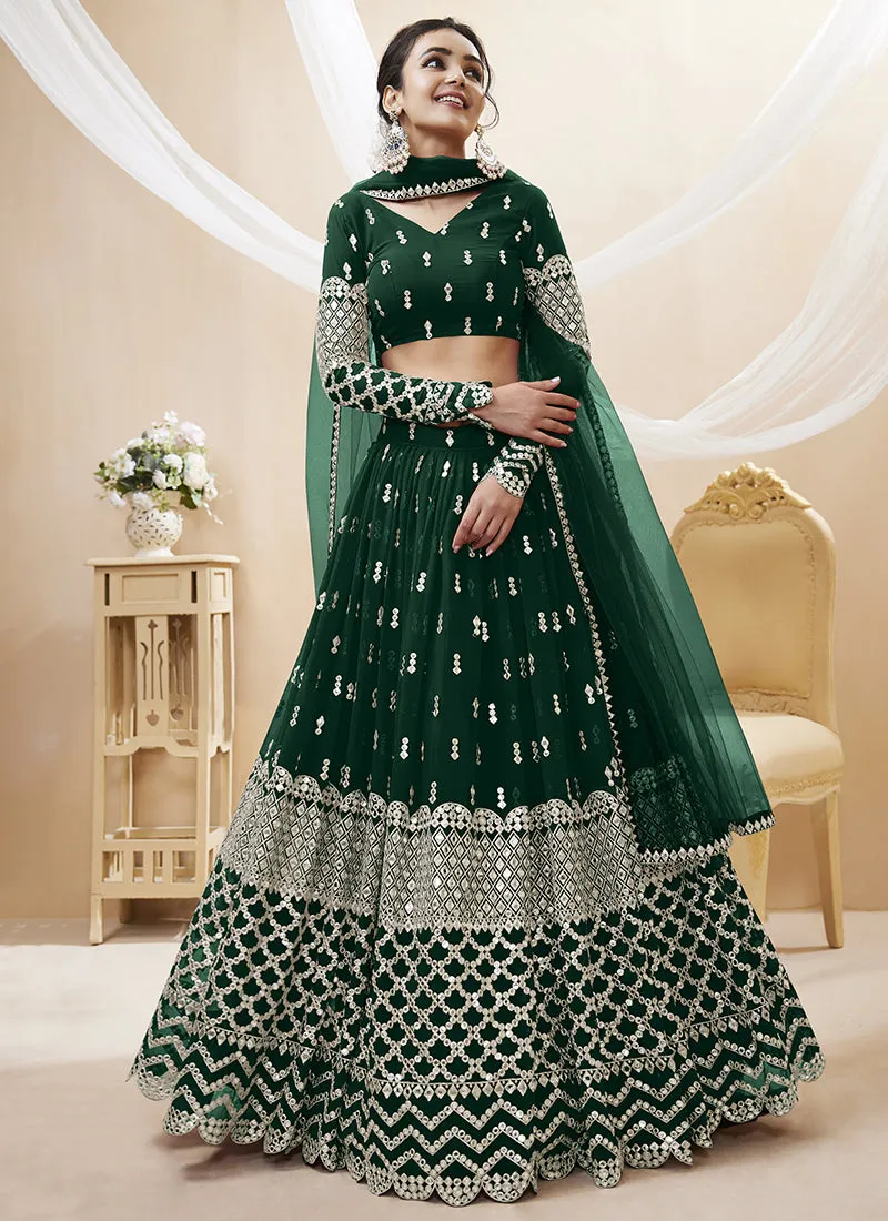 Dark Green Mirror Work Embroidery Wedding Lehenga Choli