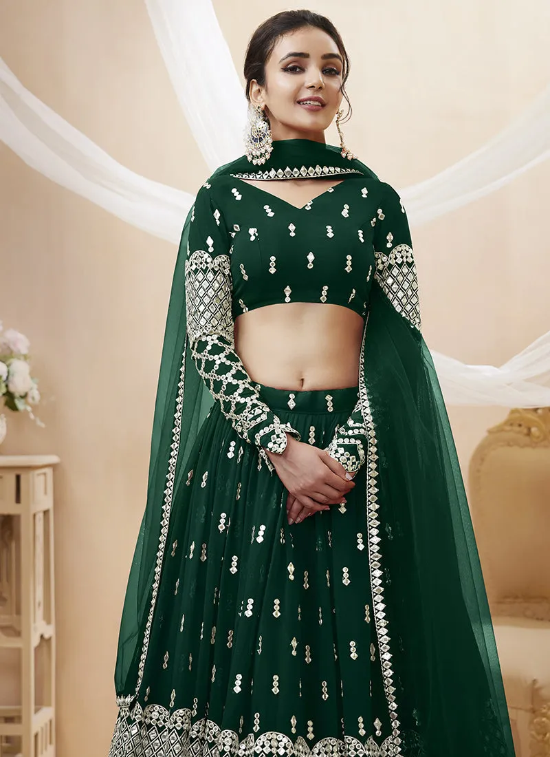 Dark Green Mirror Work Embroidery Wedding Lehenga Choli