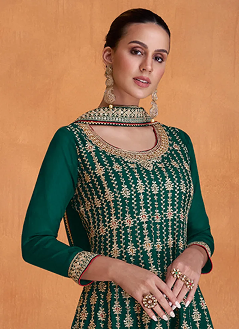 Dark Green Multi Designer Embroidery Wedding Gharara Suit