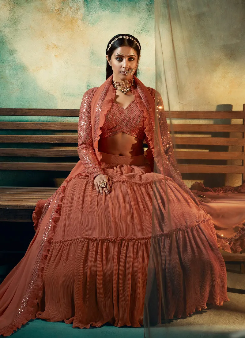 Deep Peach Sequence Embroidered Designer Lehenga Choli