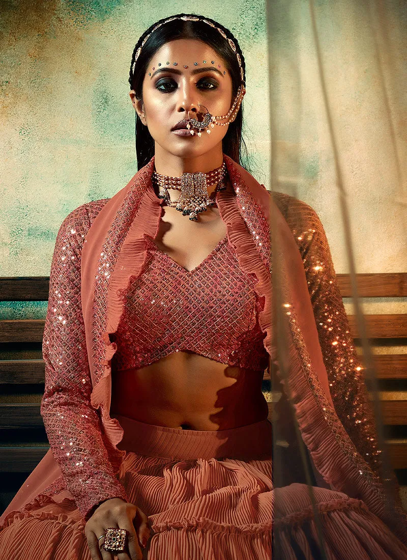 Deep Peach Sequence Embroidered Designer Lehenga Choli