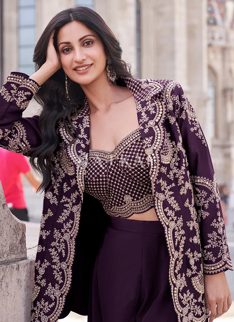 Deep Purple Embroidered Jacket Style Designer Palazzo Suit