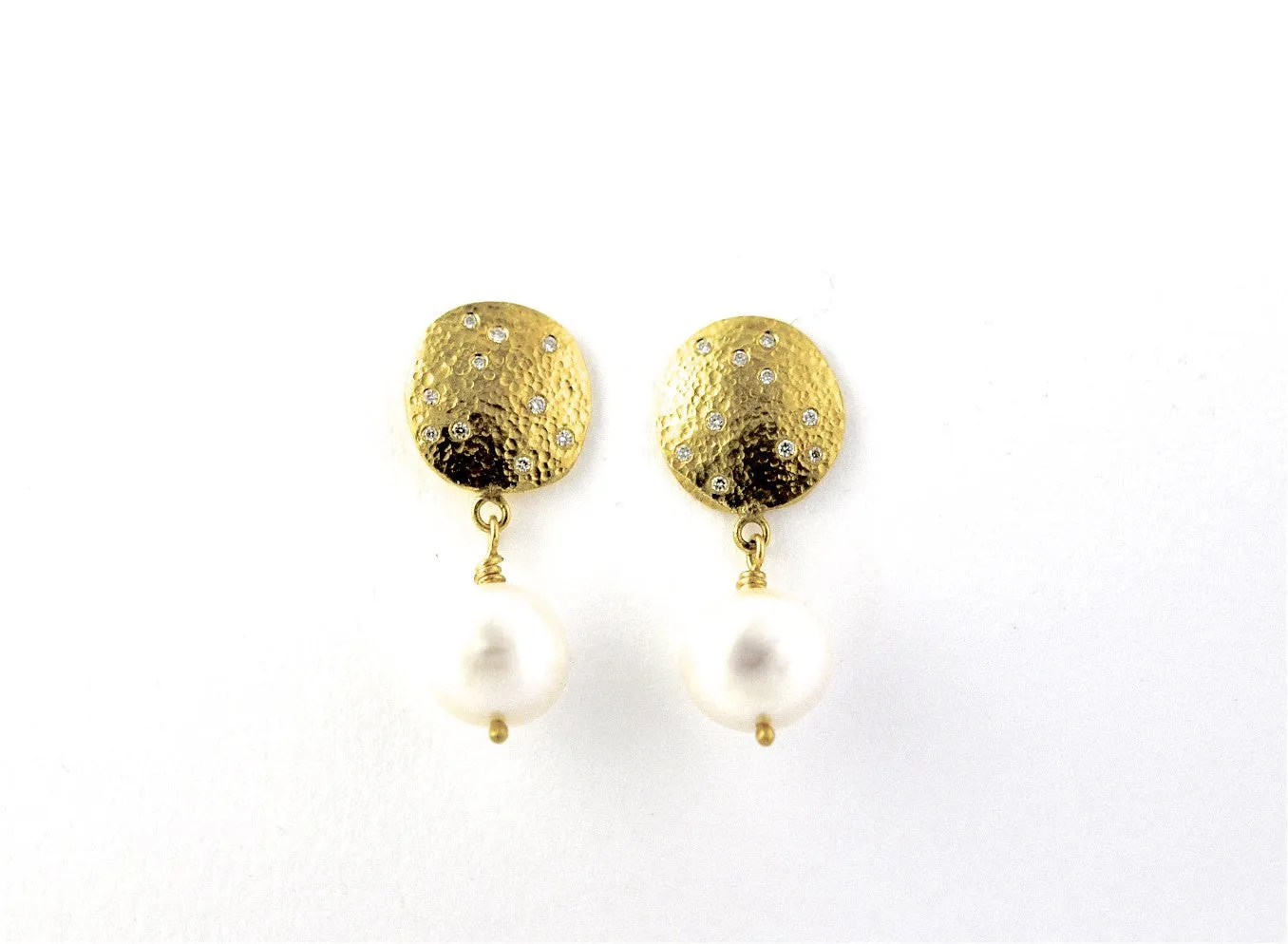 earrings / gold hammered 22k  discs   diamonds