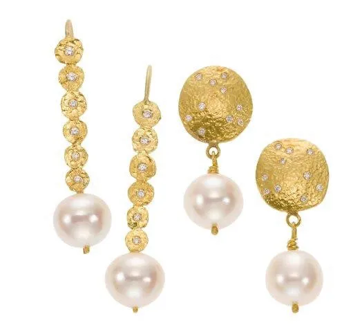 earrings / gold hammered 22k  discs   diamonds