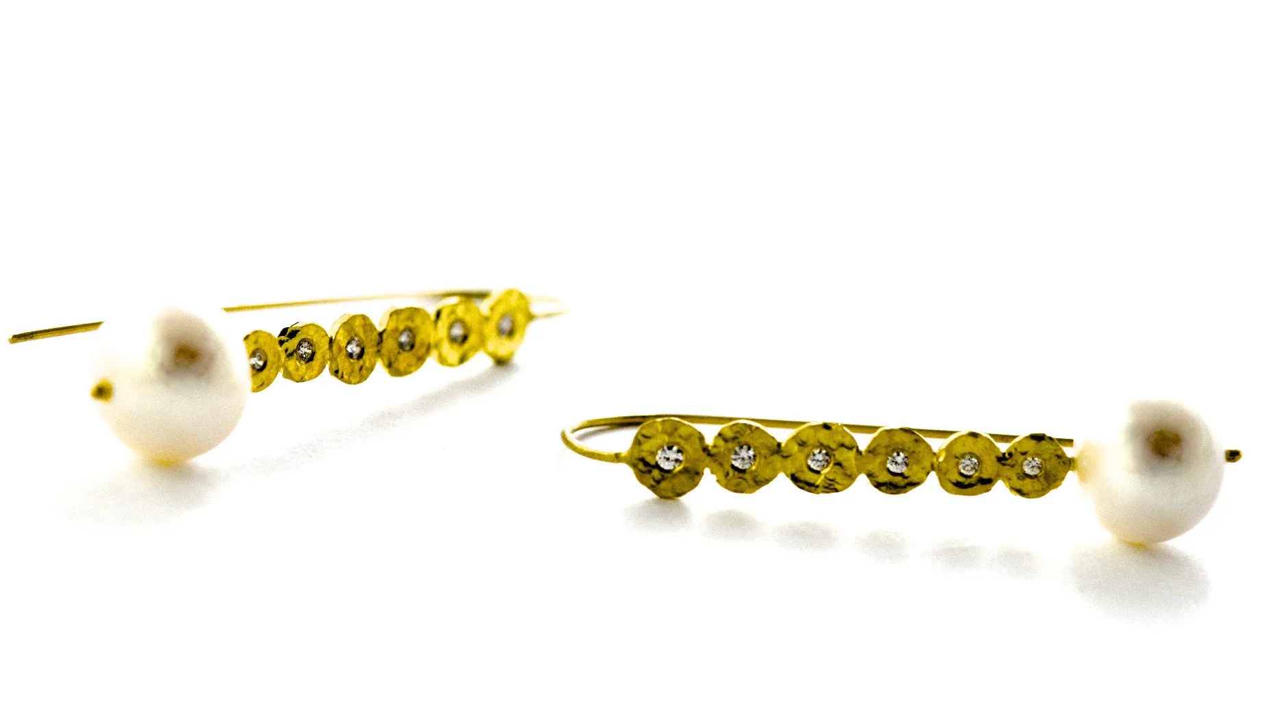 earrings / gold hammered   diamonds   pearl drops