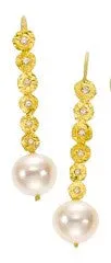 earrings / gold hammered   diamonds   pearl drops