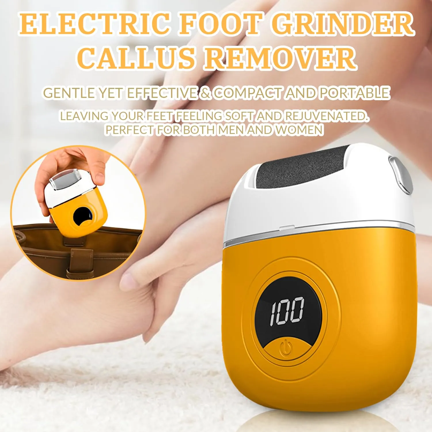Electric Foot Grinder, Digital Electric Callus Remover for Feet, Waterproof Electric Foot File Rechargeable, Electric Foot Callus Remover with 3 Grinding Heads 2 Speeds for Dry Dead Skin (Yellow)