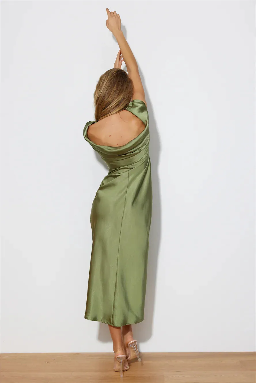 Faithful Nights Satin Midi Dress Olive