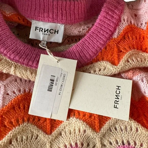 Frnch Women's Sweater Cristy Mohair Wool M Pink Wavy Holey Slouchy Rainbow NEW