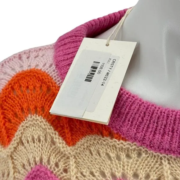 Frnch Women's Sweater Cristy Mohair Wool M Pink Wavy Holey Slouchy Rainbow NEW