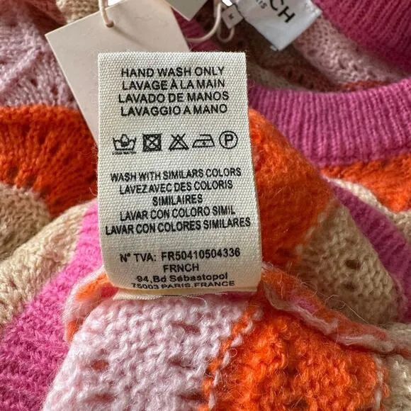 Frnch Women's Sweater Cristy Mohair Wool M Pink Wavy Holey Slouchy Rainbow NEW