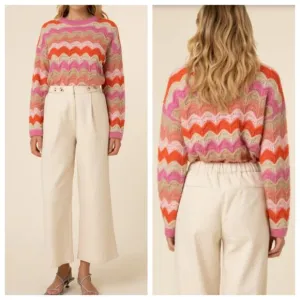 Frnch Women's Sweater Cristy Mohair Wool M Pink Wavy Holey Slouchy Rainbow NEW