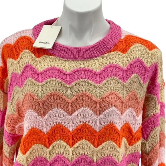 Frnch Women's Sweater Cristy Mohair Wool M Pink Wavy Holey Slouchy Rainbow NEW