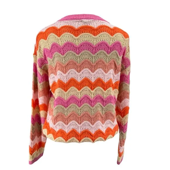 Frnch Women's Sweater Cristy Mohair Wool M Pink Wavy Holey Slouchy Rainbow NEW