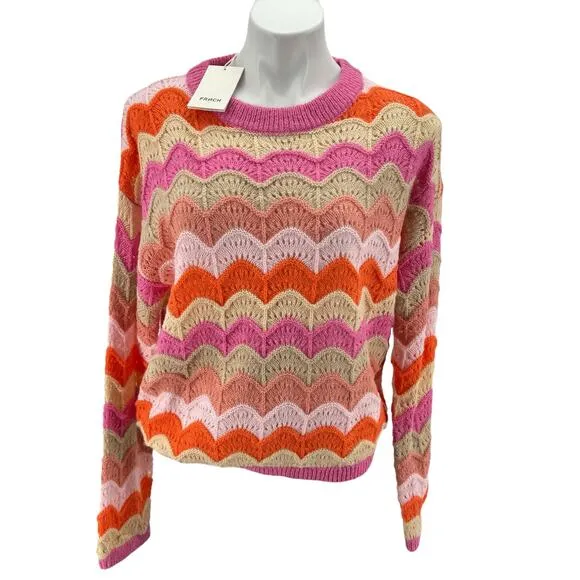 Frnch Women's Sweater Cristy Mohair Wool M Pink Wavy Holey Slouchy Rainbow NEW