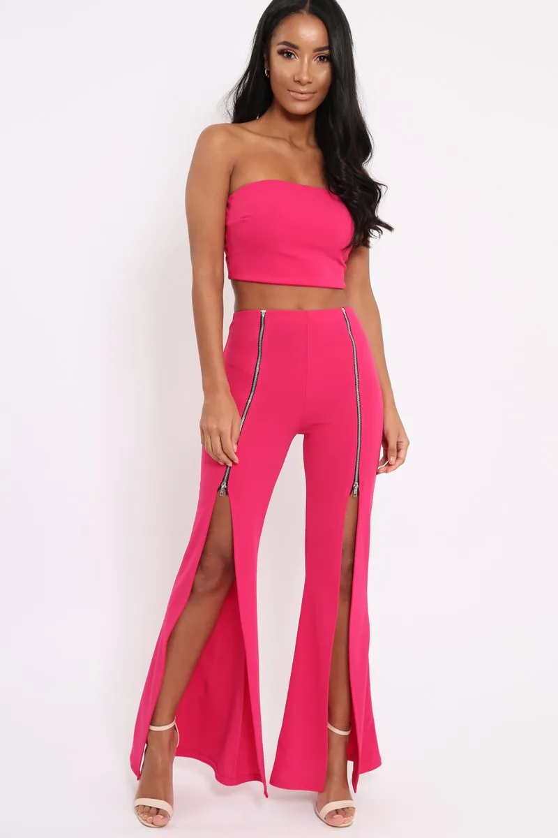 Fuchsia Bandeau Crop Top and Zip Front Trousers Co-ord - Ellenie