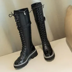 genuine leather waterproof boots round toe high heels belt buckle winter women thick bottom lace up ankle boots
