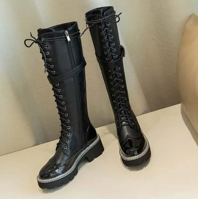 genuine leather waterproof boots round toe high heels belt buckle winter women thick bottom lace up ankle boots