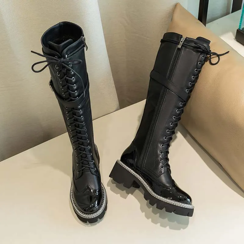 genuine leather waterproof boots round toe high heels belt buckle winter women thick bottom lace up ankle boots