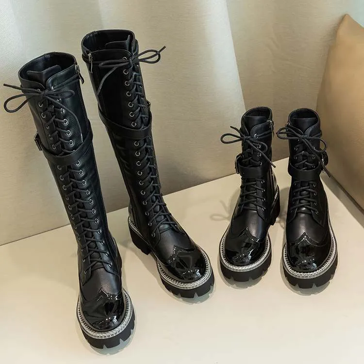 genuine leather waterproof boots round toe high heels belt buckle winter women thick bottom lace up ankle boots