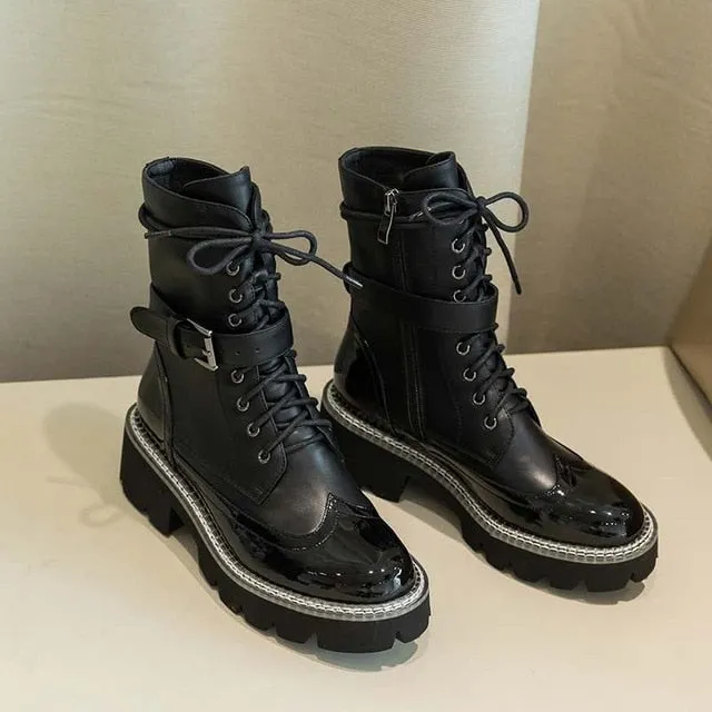 genuine leather waterproof boots round toe high heels belt buckle winter women thick bottom lace up ankle boots