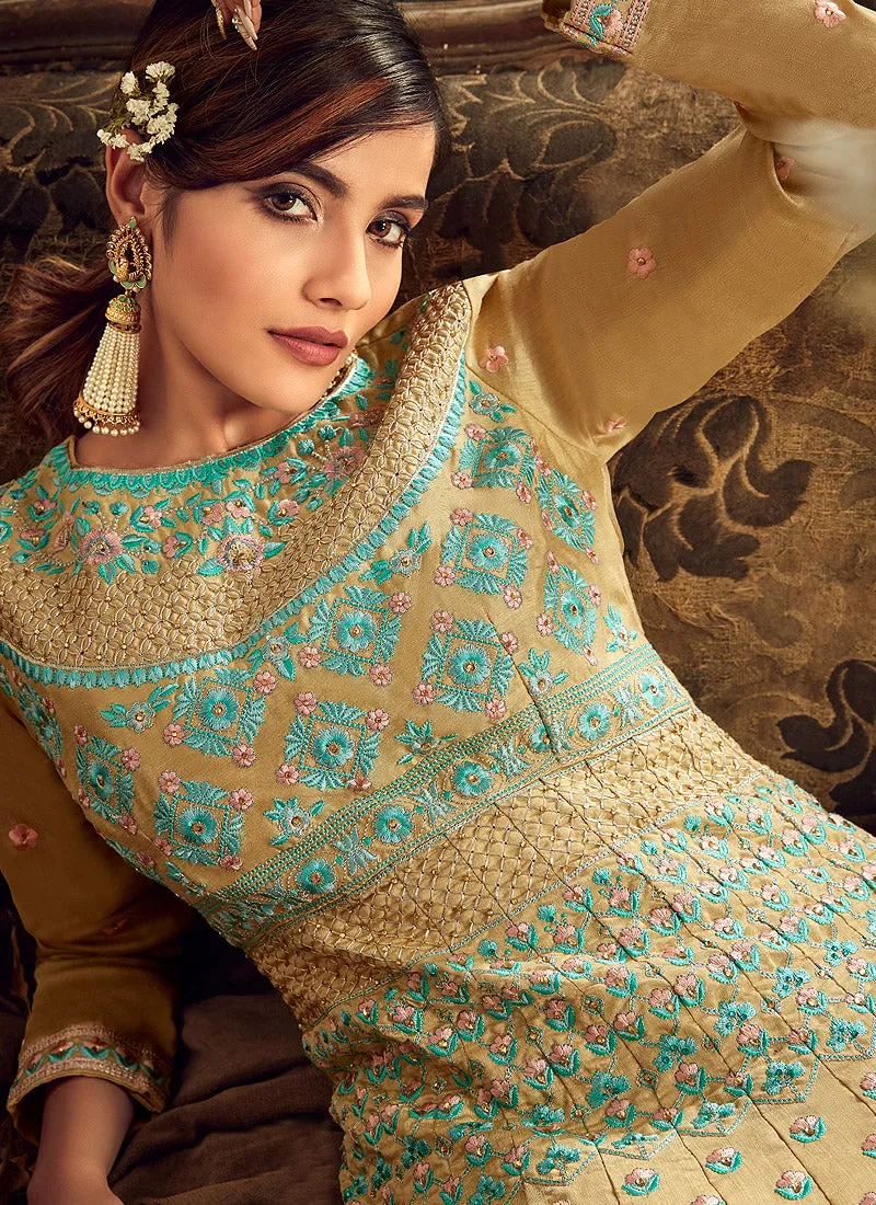 Gold And Teal Embroidered Anarkali Suit
