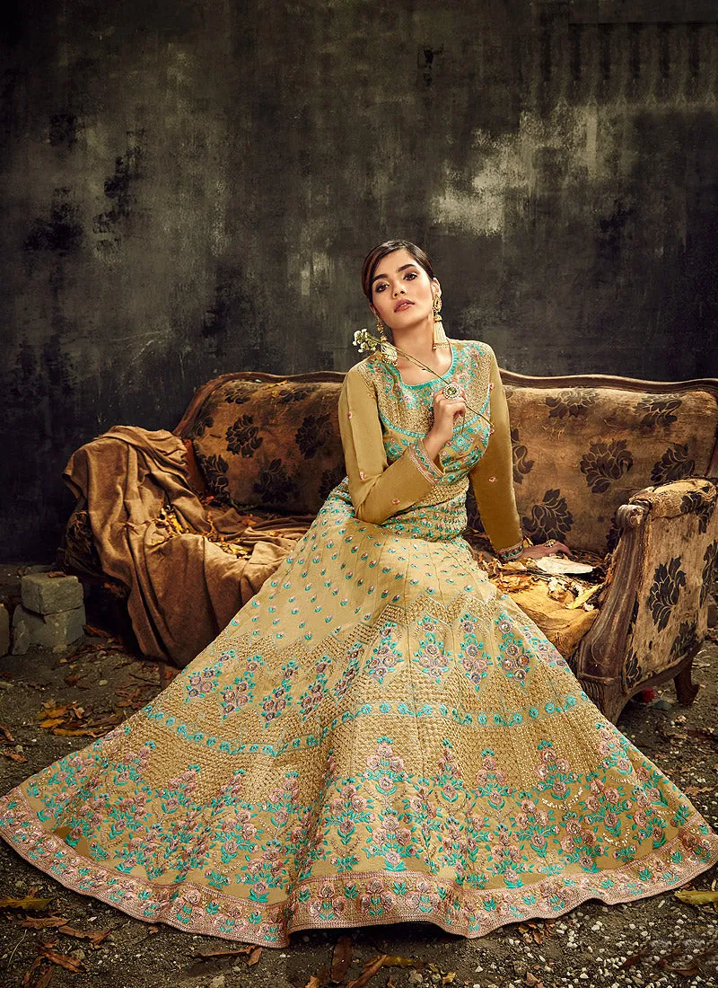 Gold And Teal Embroidered Anarkali Suit