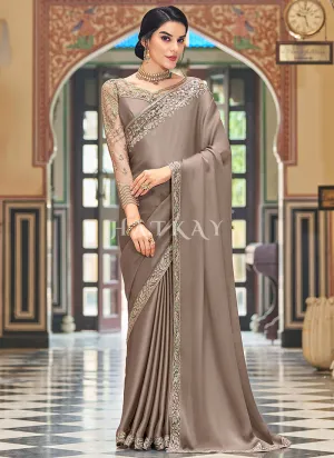 Golden Brown Sequence Embroidery Designer Silk Saree