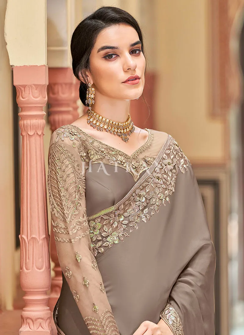 Golden Brown Sequence Embroidery Designer Silk Saree