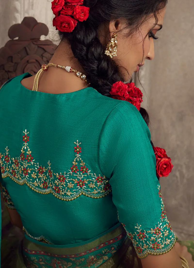 Green And Turquoise Traditional Embroidery Organza Silk Saree