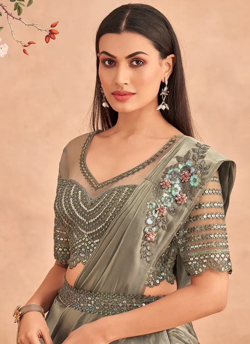 Green Appliqué And Sequence Embroidery Lehenga Saree