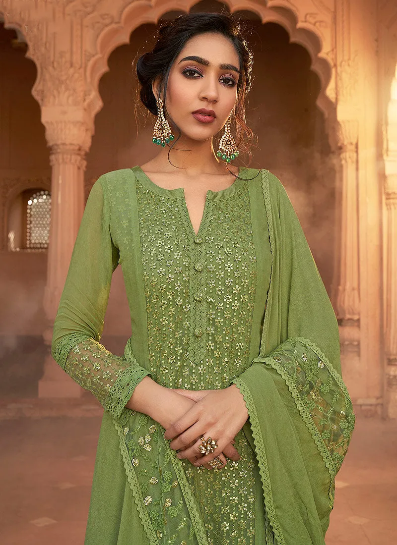 Green Designer Embroidered Palazzo Suit