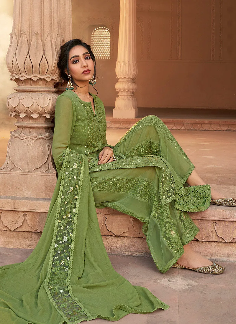 Green Designer Embroidered Palazzo Suit