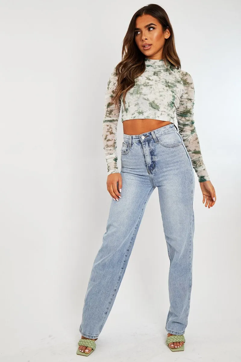 Green Marble Ruched Inside Mesh Crop Top - Mally