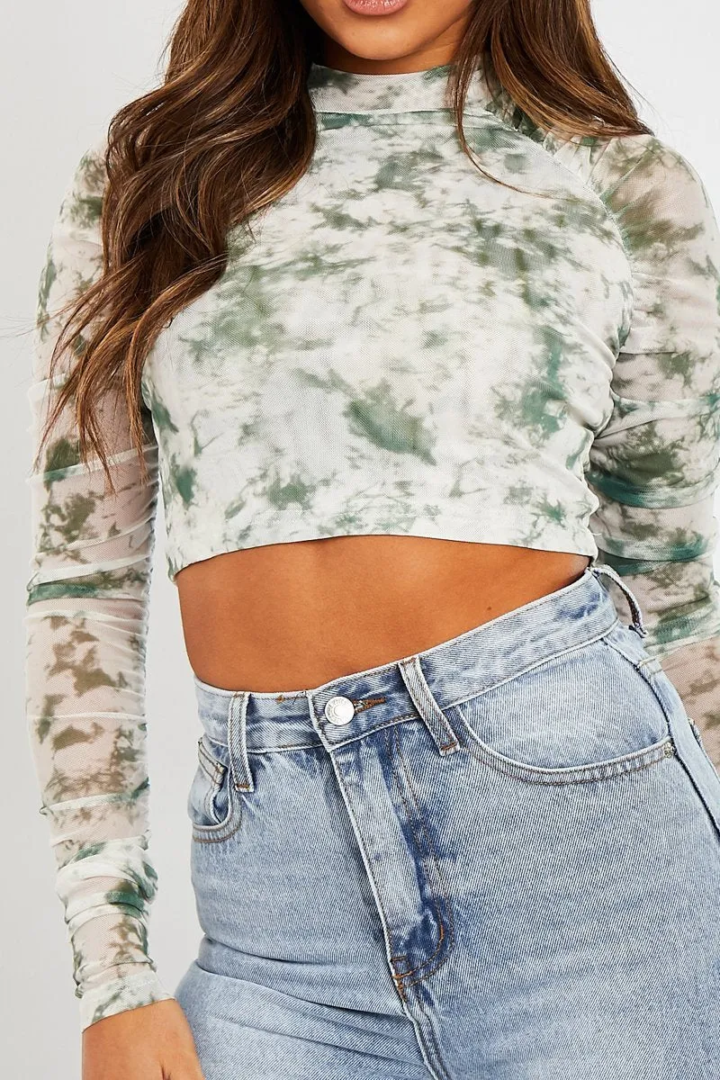 Green Marble Ruched Inside Mesh Crop Top - Mally