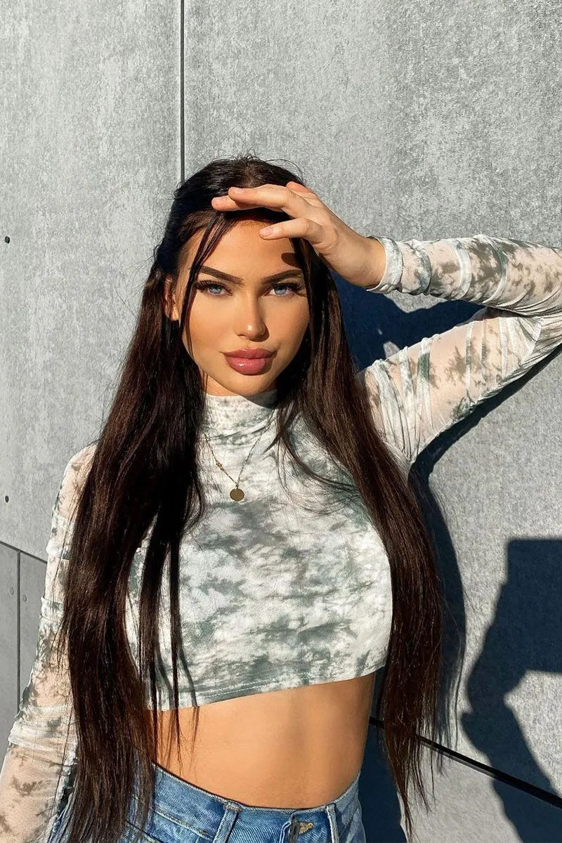 Green Marble Ruched Inside Mesh Crop Top - Mally