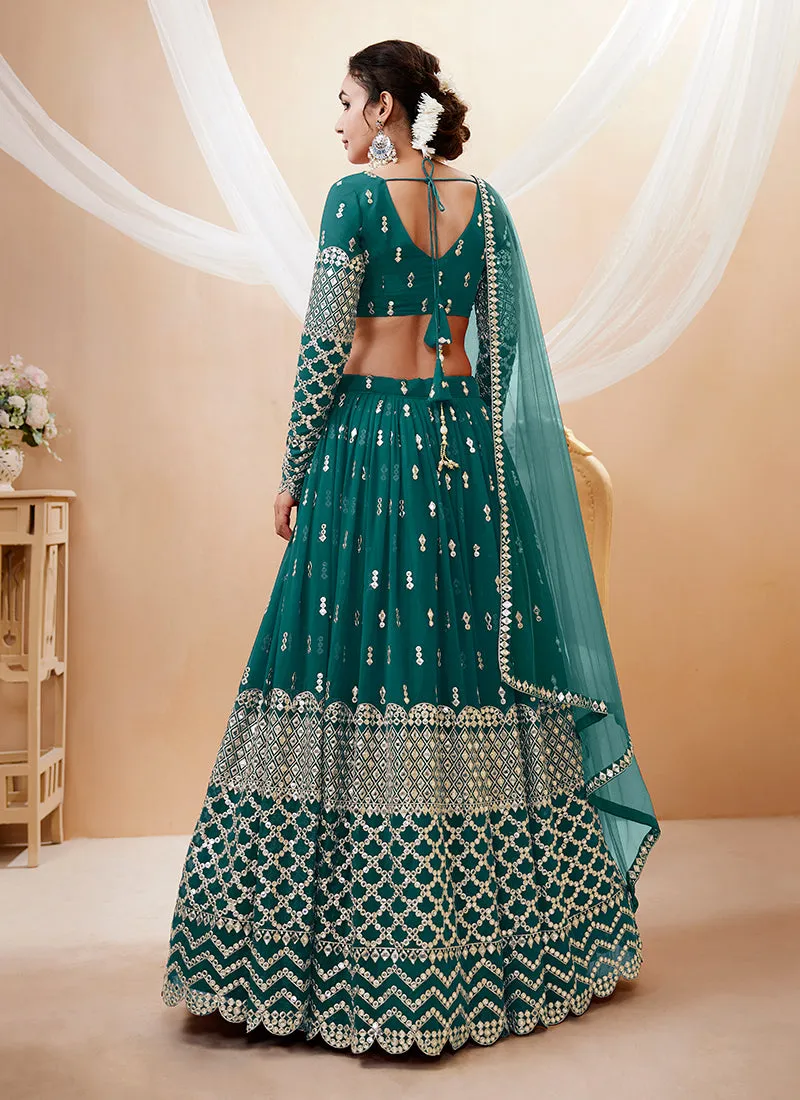 Green Mirror Work Embroidery Wedding Lehenga Choli
