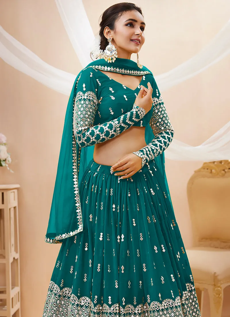Green Mirror Work Embroidery Wedding Lehenga Choli
