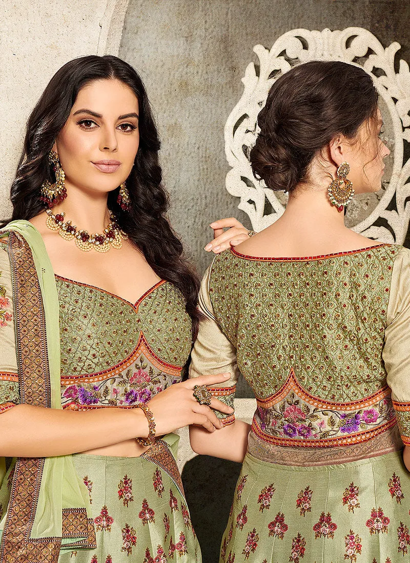 Green Multi Embroidered Wedding Lehenga/ Gown