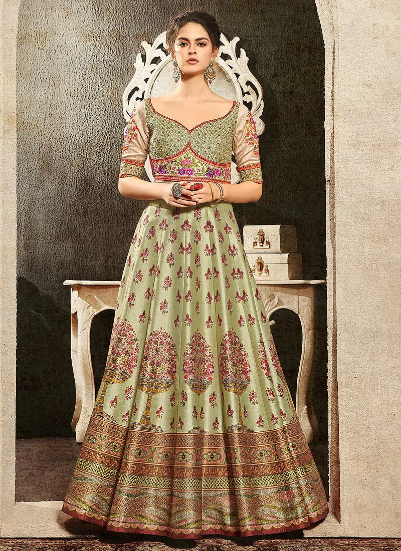 Green Multi Embroidered Wedding Lehenga/ Gown