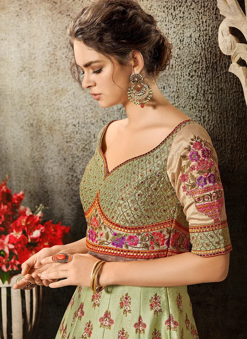 Green Multi Embroidered Wedding Lehenga/ Gown